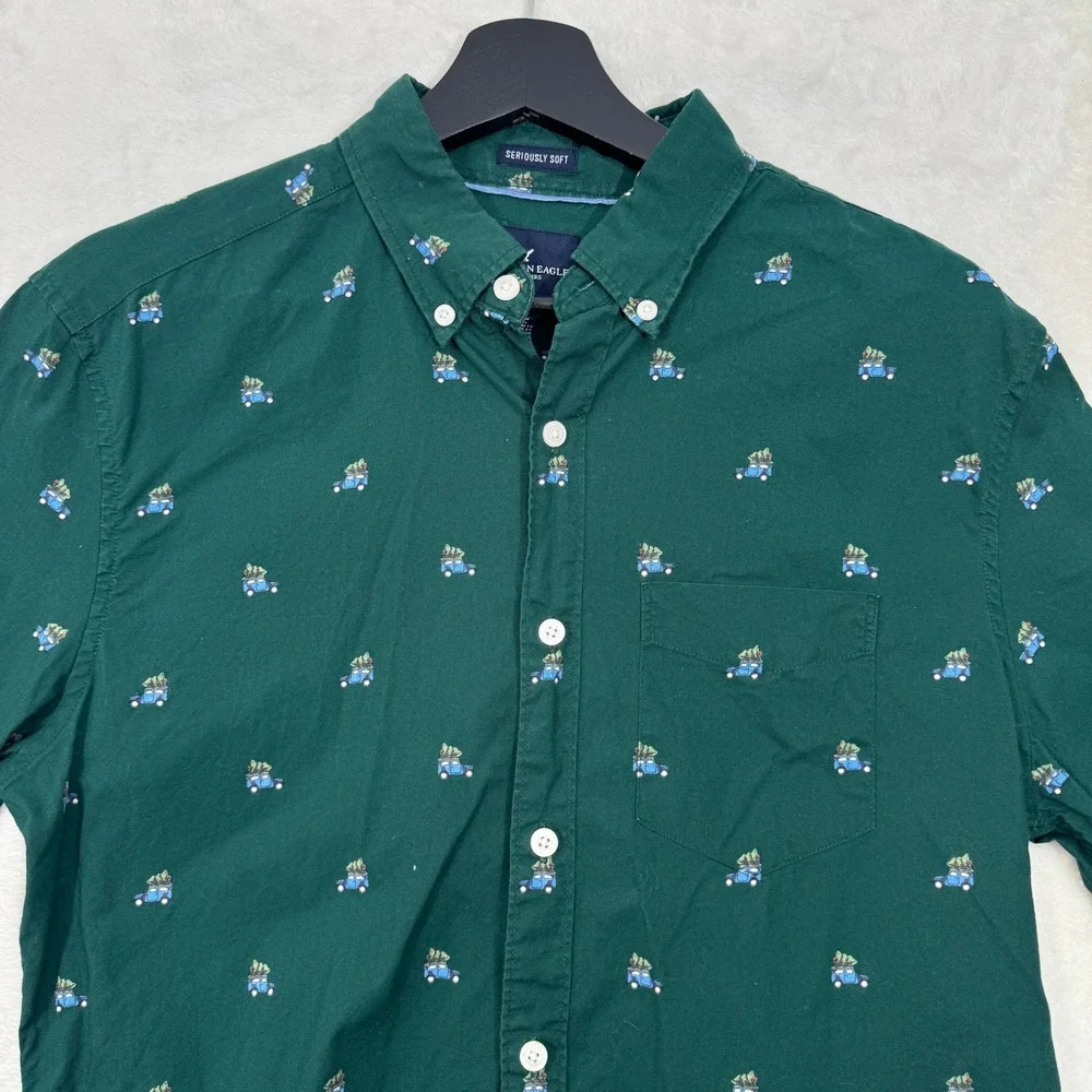 American‎ Eagle Shirt Mens S Green Christmas Truck Seriously Soft Button Down S